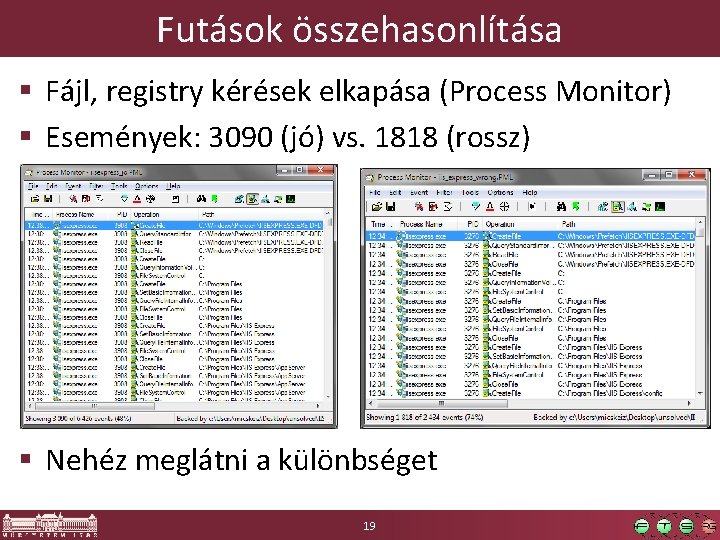 Futások összehasonlítása § Fájl, registry kérések elkapása (Process Monitor) § Események: 3090 (jó) vs.