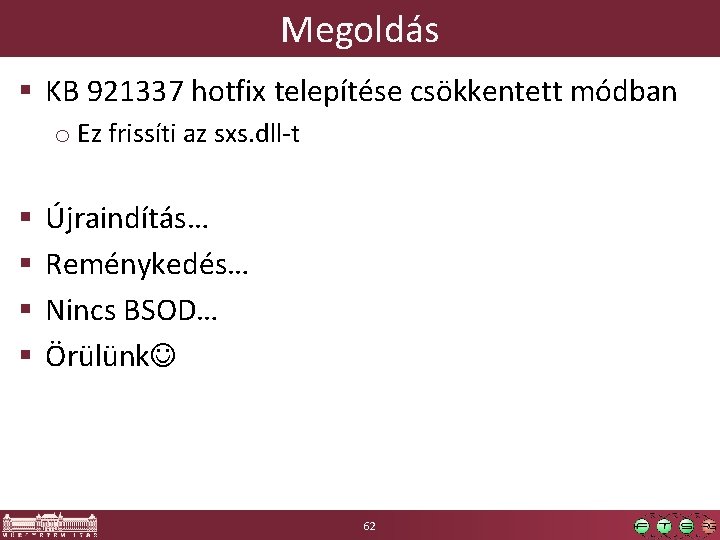 Megoldás § KB 921337 hotfix telepítése csökkentett módban o Ez frissíti az sxs. dll-t