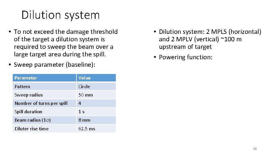 Dilution system • To not exceed the damage threshold of the target a dilution