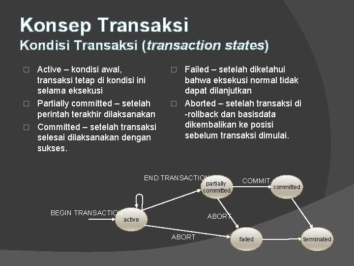 Konsep Transaksi Kondisi Transaksi (transaction states) Active – kondisi awal, transaksi tetap di kondisi
