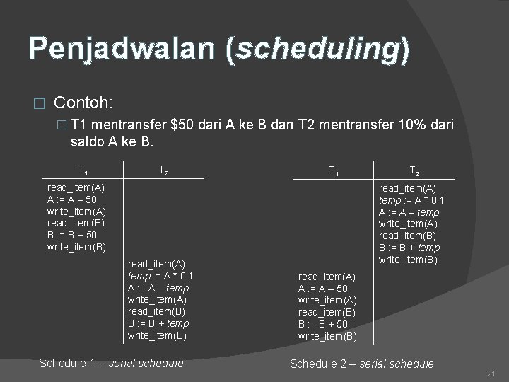 Penjadwalan (scheduling) � Contoh: � T 1 mentransfer $50 dari A ke B dan
