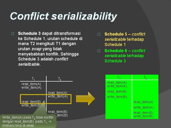 Conflict serializability � Schedule 3 dapat ditransformasi ke Schedule 1, urutan schedule di mana