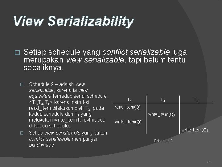 View Serializability � Setiap schedule yang conflict serializable juga merupakan view serializable, tapi belum