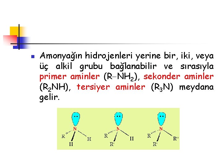 n Amonyağın hidrojenleri yerine bir, iki, veya üç alkil grubu bağlanabilir ve sırasıyla primer