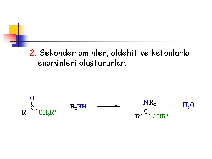 2. Sekonder aminler, aldehit ve ketonlarla enaminleri oluştururlar. 