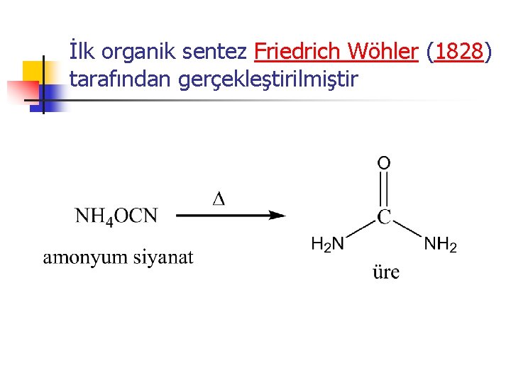 İlk organik sentez Friedrich Wöhler (1828) tarafından gerçekleştirilmiştir 