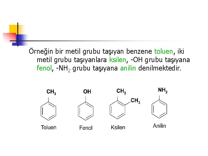 Örneğin bir metil grubu taşıyan benzene toluen, iki metil grubu taşıyanlara ksilen, -OH grubu