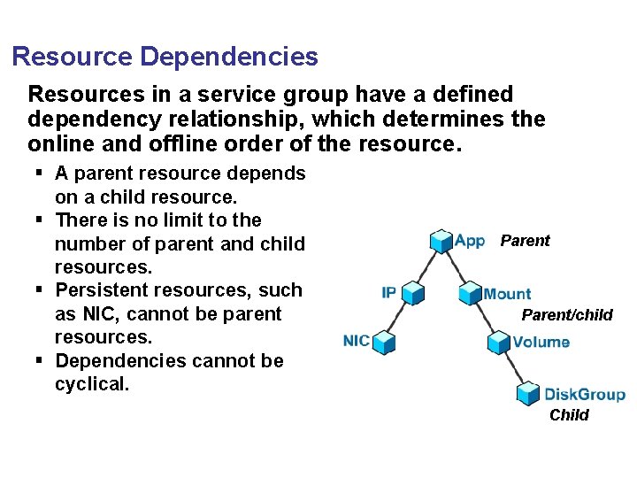 Resource Dependencies Resources in a service group have a defined dependency relationship, which determines
