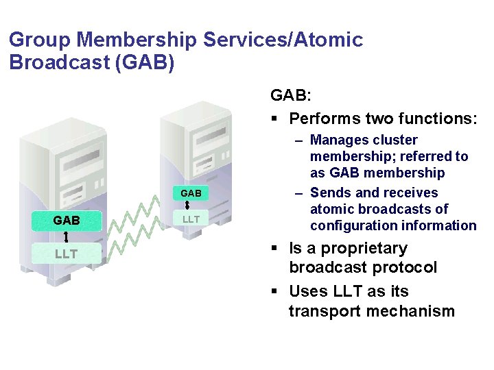 Group Membership Services/Atomic Broadcast (GAB) GAB: § Performs two functions: GAB LLT – Manages