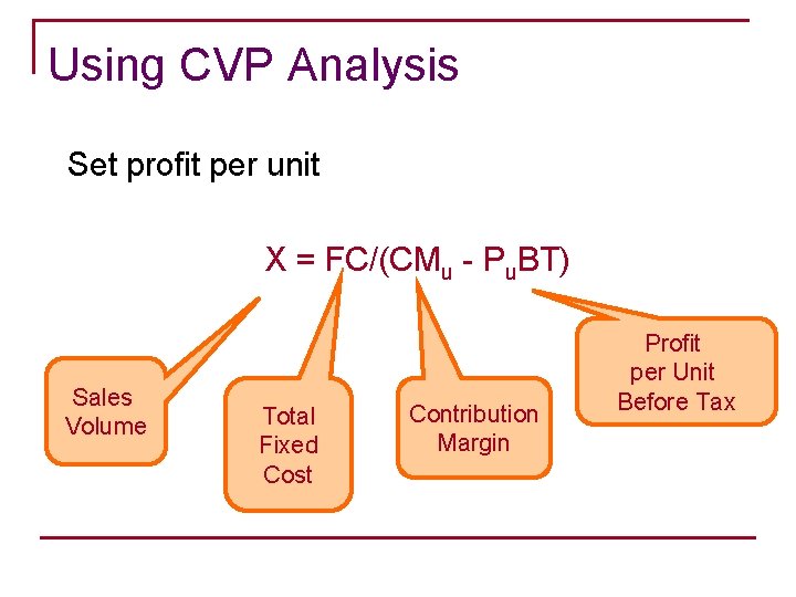 Using CVP Analysis Set profit per unit X = FC/(CMu - Pu. BT) Sales