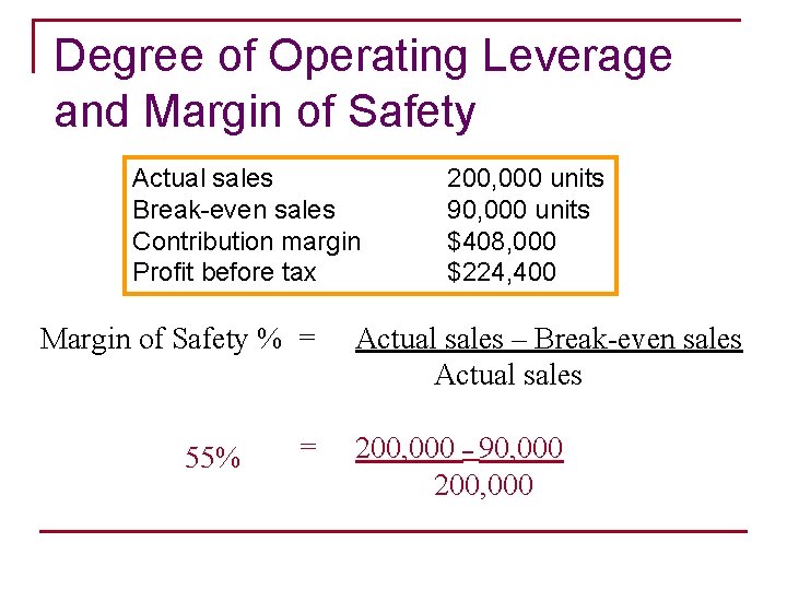 Degree of Operating Leverage and Margin of Safety Actual sales Break-even sales Contribution margin