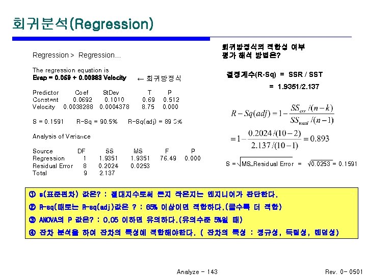회귀분석(Regression) 회귀방정식의 적합성 여부 평가 해석 방법은? Regression > Regression… The regression equation is