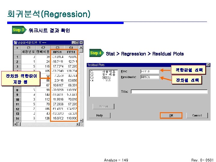 회귀분석(Regression) Step 3 워크시트 결과 확인 Step 4 Stat > Regression > Residual Plots