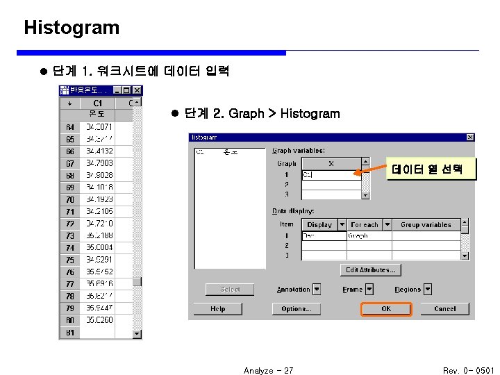 Histogram l 단계 1. 워크시트에 데이터 입력 l 단계 2. Graph > Histogram 데이터