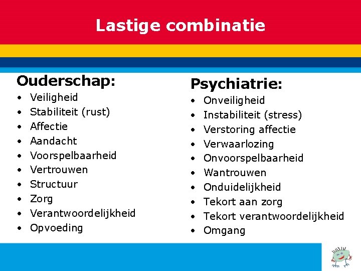 Lastige combinatie Ouderschap: • • • Veiligheid Stabiliteit (rust) Affectie Aandacht Voorspelbaarheid Vertrouwen Structuur