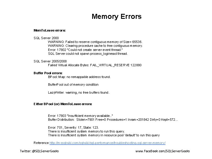 Memory Errors Mem. To. Leave errors: SQL Server 2000 WARNING: Failed to reserve contiguous Memory Errors Mem. To. Leave errors: SQL Server 2000 WARNING: Failed to reserve contiguous