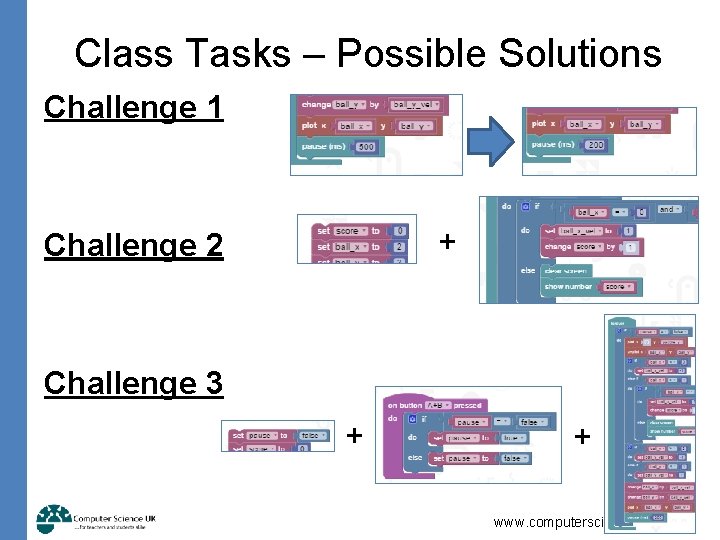 Class Tasks – Possible Solutions Challenge 1 + Challenge 2 Challenge 3 + +