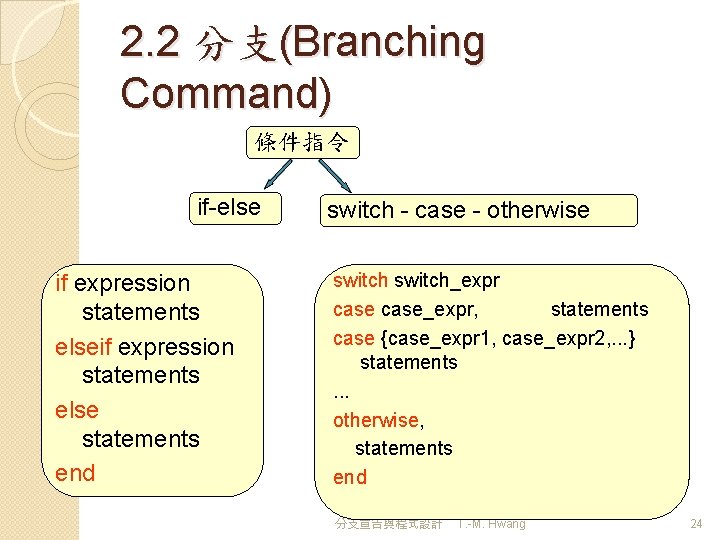 2. 2 分支(Branching Command) 條件指令 if-else if expression statements else statements end switch -