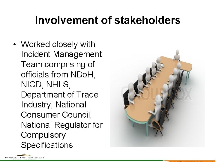 Involvement of stakeholders • Worked closely with Incident Management Team comprising of officials from