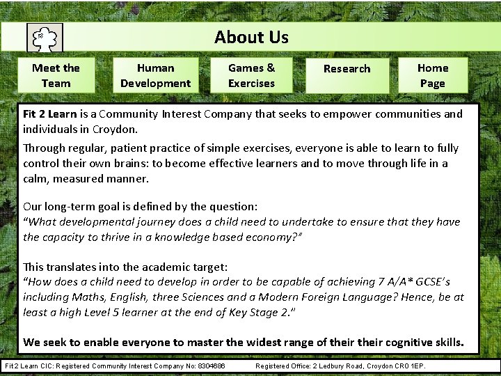 About Us Meet the Team Human Development Games & Exercises Research Home Page Fit