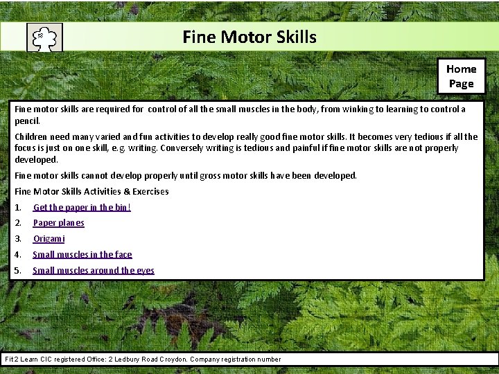 Fine Motor Skills Home Page Fine motor skills are required for control of all