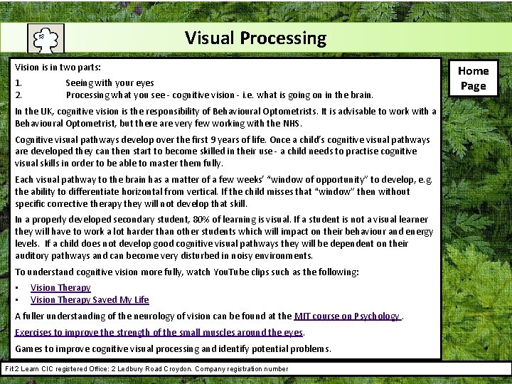 Visual Processing Vision is in two parts: 1. 2. Seeing with your eyes Processing