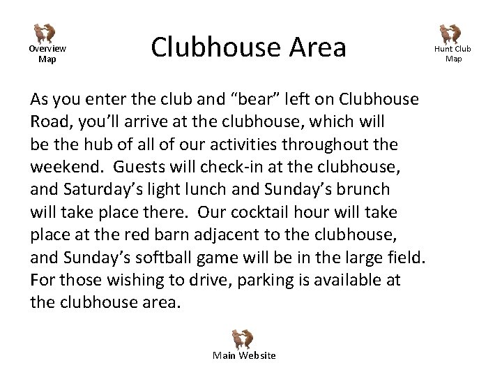 Overview Map Clubhouse Area As you enter the club and “bear” left on Clubhouse