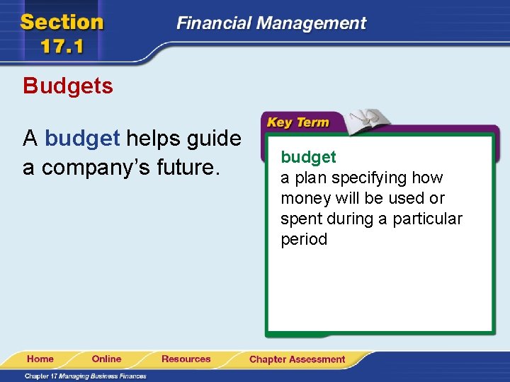 Budgets A budget helps guide a company’s future. budget a plan specifying how money