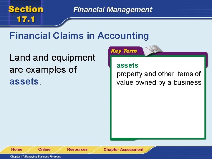 Financial Claims in Accounting Land equipment are examples of assets property and other items