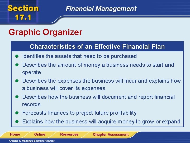 Graphic Organizer Characteristics of an Effective Financial Plan Identifies the assets that need to