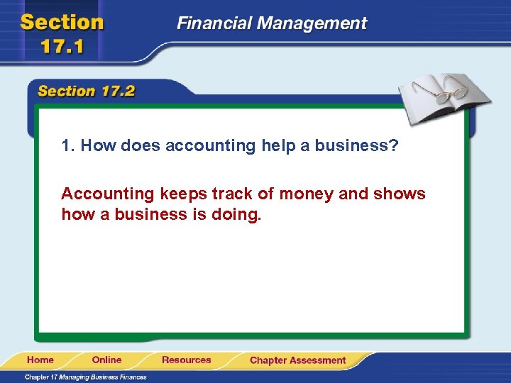 1. How does accounting help a business? Accounting keeps track of money and shows