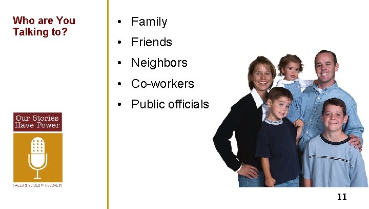 Who are You Talking to? • Family • Friends • Neighbors • Co-workers •