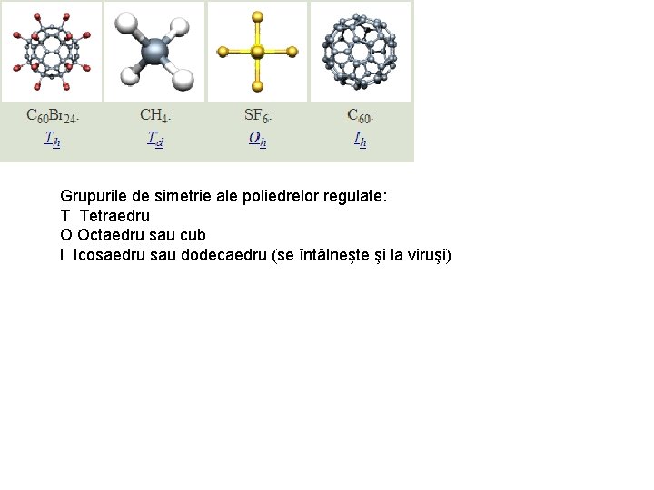 Grupurile de simetrie ale poliedrelor regulate: T Tetraedru O Octaedru sau cub I Icosaedru