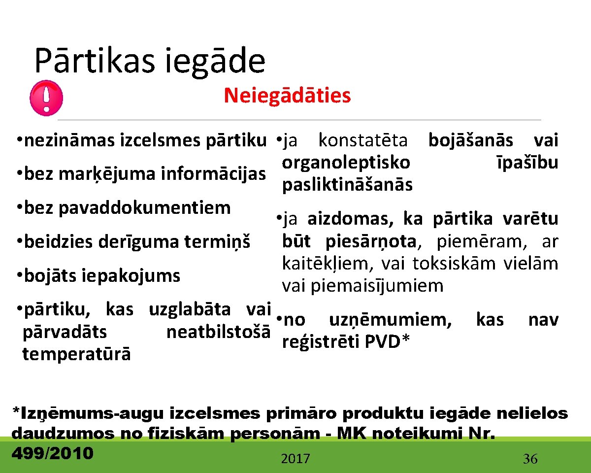 Pārtikas iegāde Neiegādāties • nezināmas izcelsmes pārtiku • ja konstatēta bojāšanās vai organoleptisko īpašību