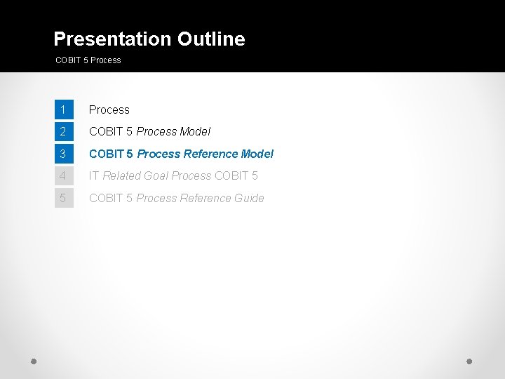 Presentation Outline COBIT 5 Process 1 Process 2 COBIT 5 Process Model 3 COBIT Presentation Outline COBIT 5 Process 1 Process 2 COBIT 5 Process Model 3 COBIT