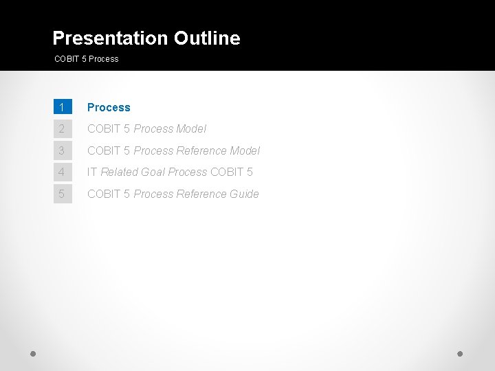 Presentation Outline COBIT 5 Process 1 Process 2 COBIT 5 Process Model 3 COBIT Presentation Outline COBIT 5 Process 1 Process 2 COBIT 5 Process Model 3 COBIT