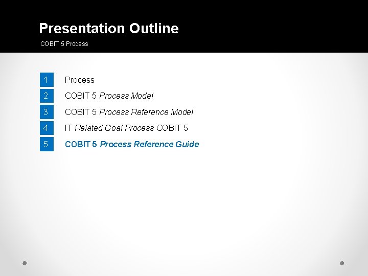 Presentation Outline COBIT 5 Process 1 Process 2 COBIT 5 Process Model 3 COBIT Presentation Outline COBIT 5 Process 1 Process 2 COBIT 5 Process Model 3 COBIT