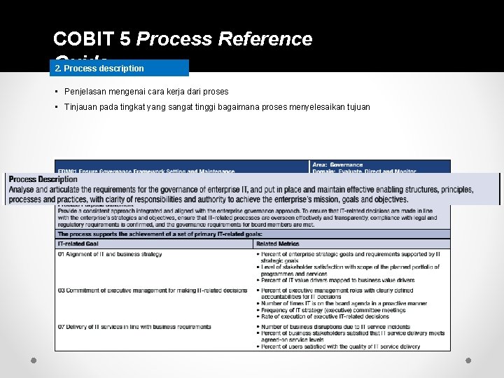 COBIT 5 Process Reference Guide 2. Process description • Penjelasan mengenai cara kerja dari