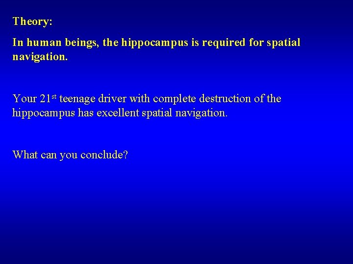 Theory: In human beings, the hippocampus is required for spatial navigation. Your 21 st
