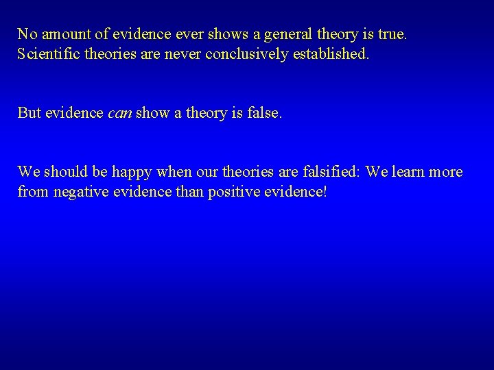 No amount of evidence ever shows a general theory is true. Scientific theories are