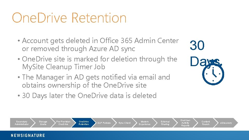 One. Drive Retention • Account gets deleted in Office 365 Admin Center or removed