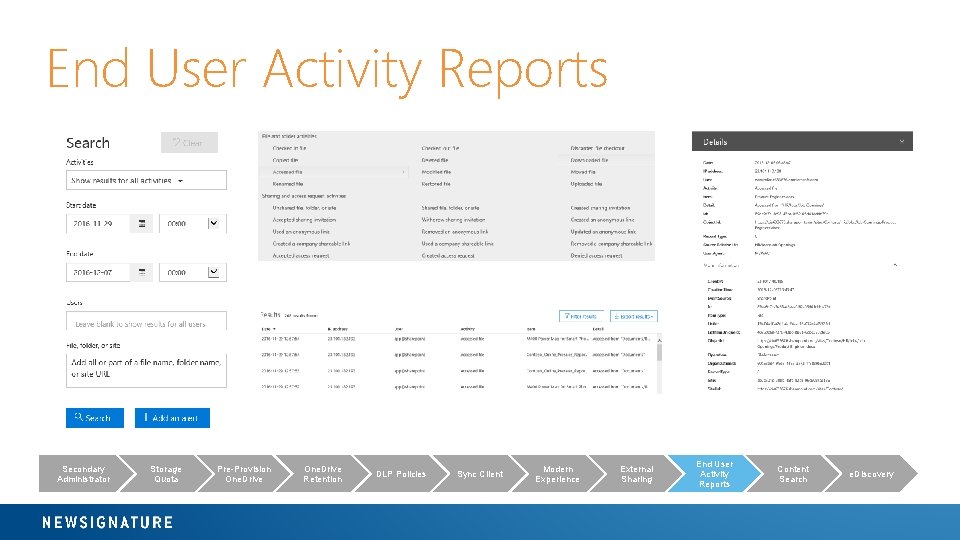 End User Activity Reports Secondary Administrator Storage Quota Pre-Provision One. Drive Retention DLP Policies