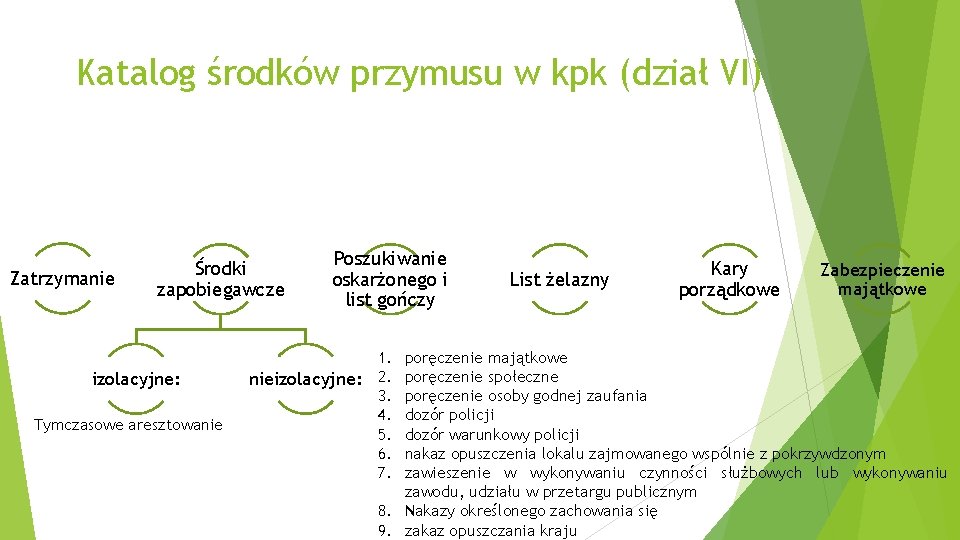 Katalog środków przymusu w kpk (dział VI) Zatrzymanie Środki zapobiegawcze izolacyjne: Tymczasowe aresztowanie Poszukiwanie