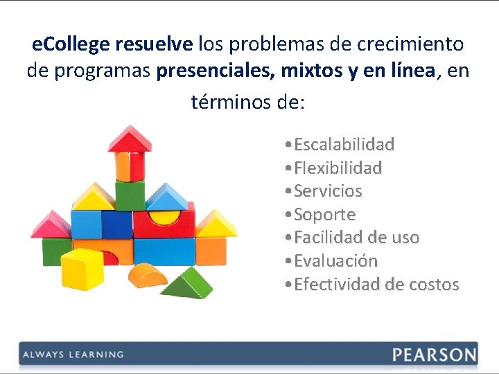 e. College resuelve los problemas de crecimiento de programas presenciales, mixtos y en línea,