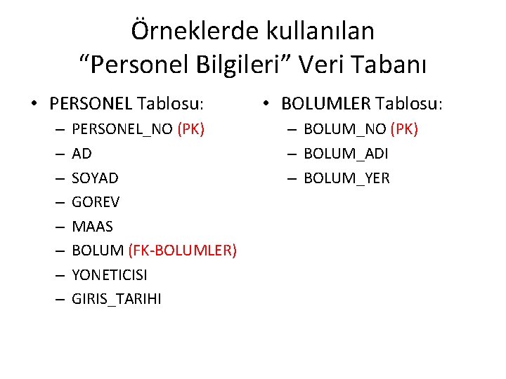 Örneklerde kullanılan “Personel Bilgileri” Veri Tabanı • PERSONEL Tablosu: – – – – PERSONEL_NO