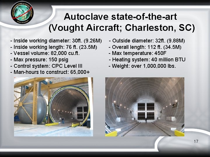 Autoclave state-of-the-art (Vought Aircraft; Charleston, SC) - Inside working diameter: 30 ft. (9. 26