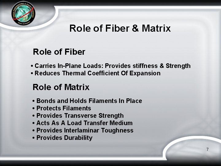 Role of Fiber & Matrix Role of Fiber • Carries In-Plane Loads: Provides stiffness