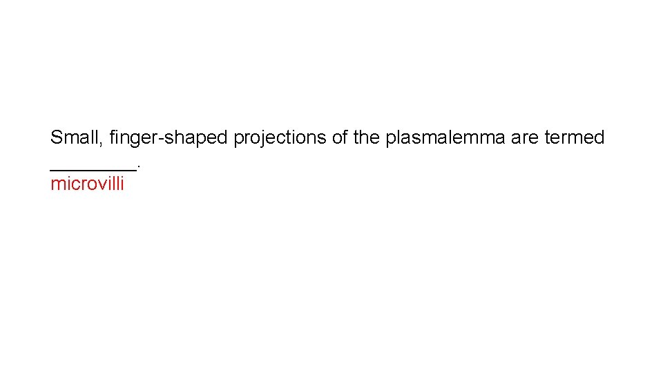 Small, finger-shaped projections of the plasmalemma are termed ____. microvilli 