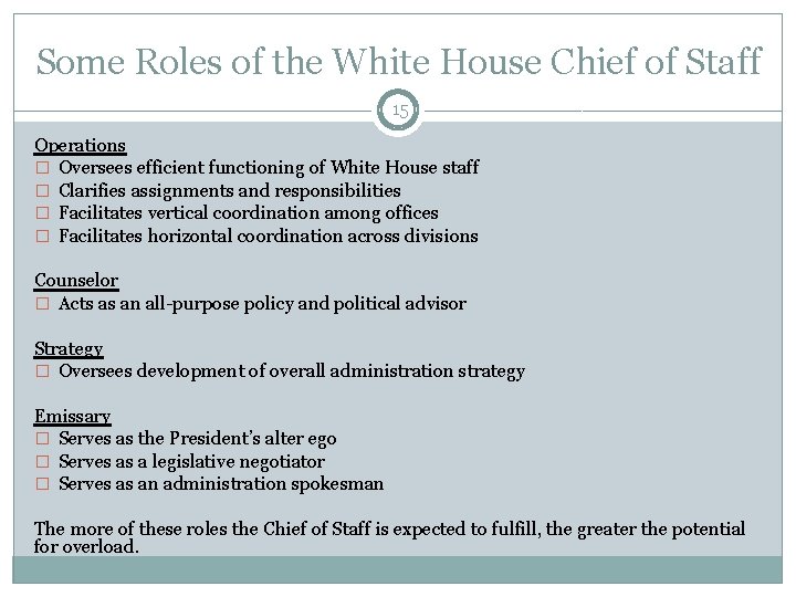 Some Roles of the White House Chief of Staff 15 Operations � Oversees efficient