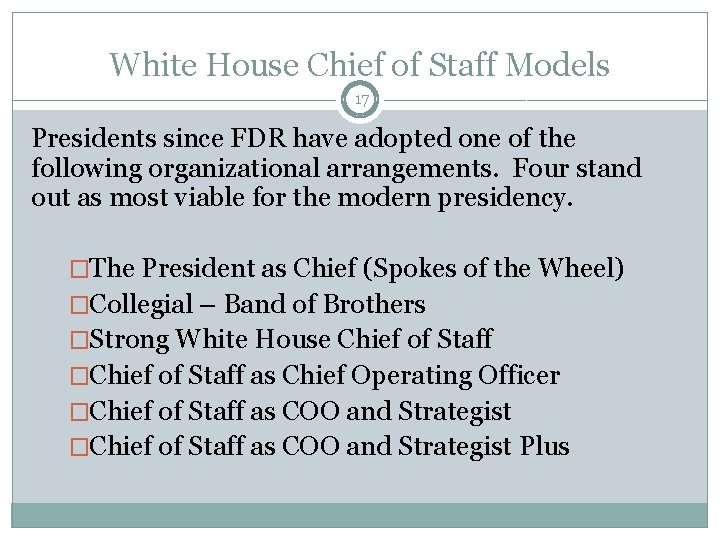 White House Chief of Staff Models 17 Presidents since FDR have adopted one of